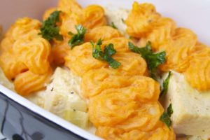 Tofu noripannetje met zoete aardappelpuree