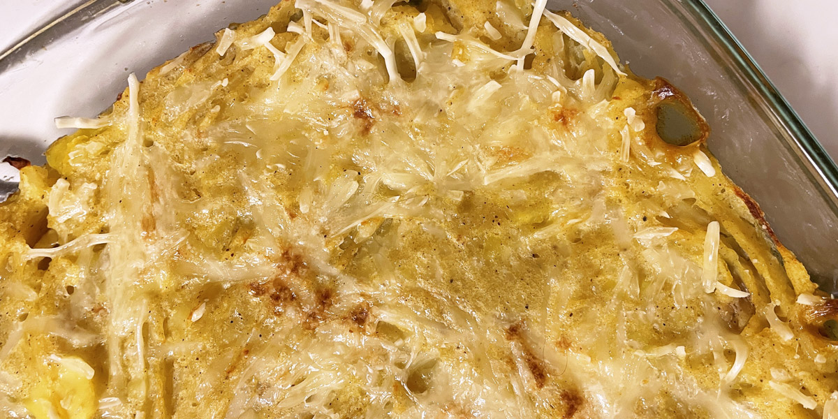 Ovenschotel met prei, erwten, butternut en aardappel puree